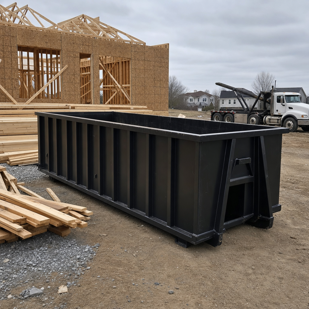 Matte-black 40-yard roll-off dumpster staged on a framed-out residential construction site in Bellflower, framing lumber stacked nearby, hooklift delivery truck visible in the background under bright Colorado daylight