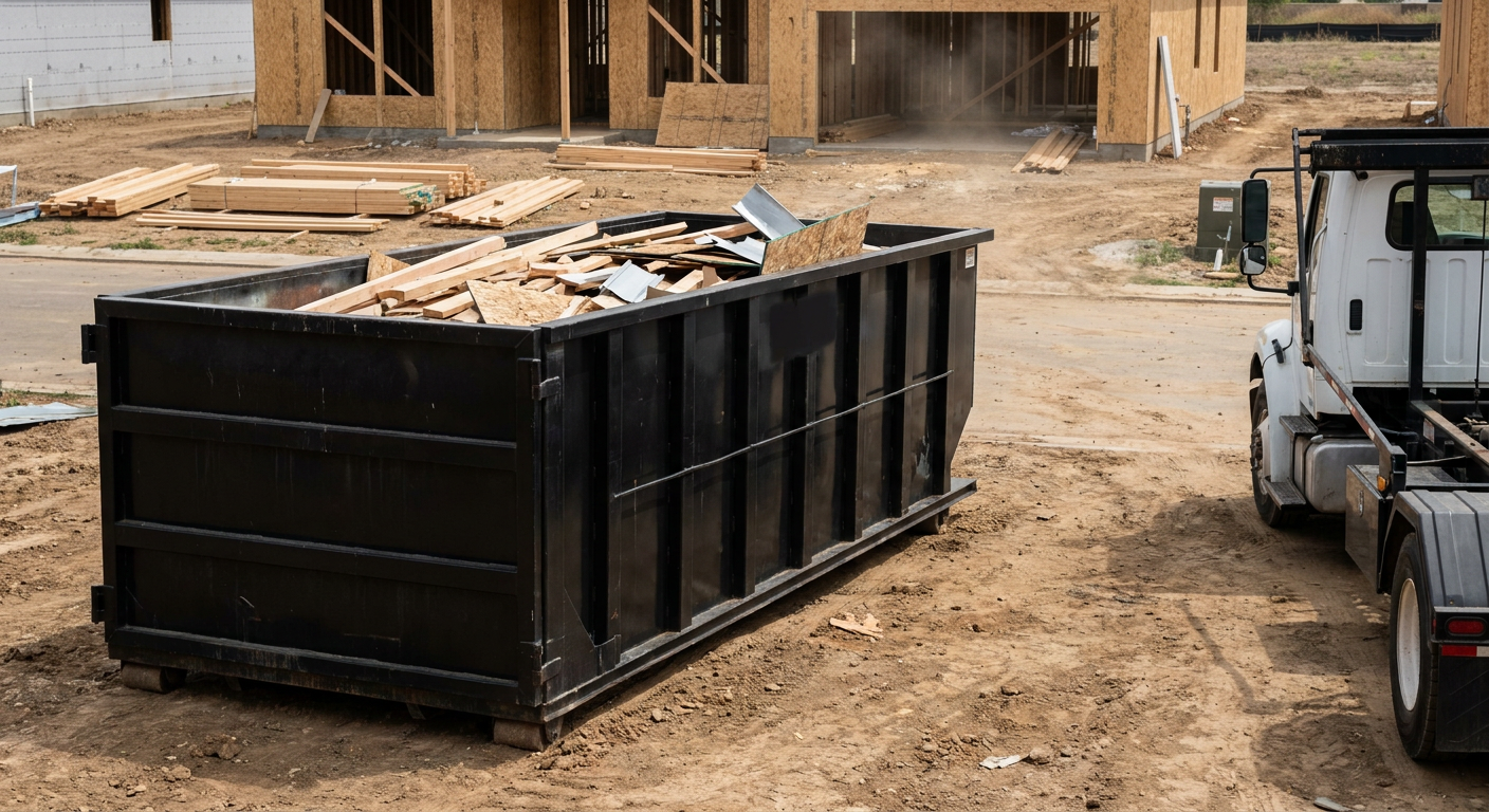 Matte-black 20-yard roll-off construction dumpster with heavy ribbed steel sidewalls and swing rear doors at a working jobsite in Bellflower, sitting directly on compacted dirt with an unmarked white hauler partially visible at the far edge of the frame.