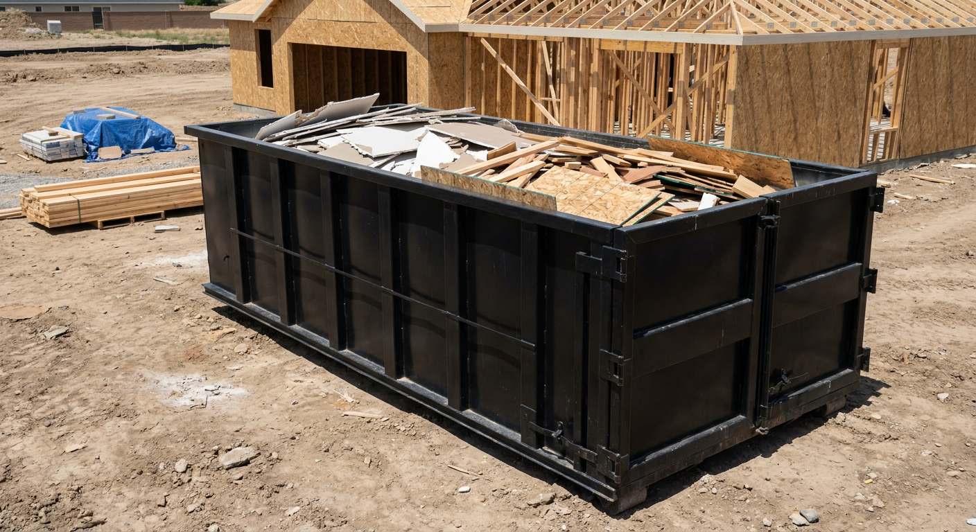 Matte-black 30-yard roll-off construction dumpster sitting directly on the compacted-dirt site of a framed single-family home build in Bellflower, drywall and lumber scrap loaded inside.