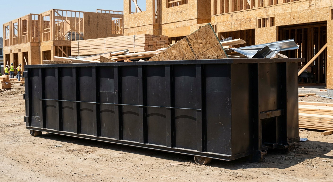 Matte-black 40-yard roll-off construction dumpster being lowered from a white-cab hooklift delivery truck onto the compacted-dirt jobsite at a commercial build site in Bellflower