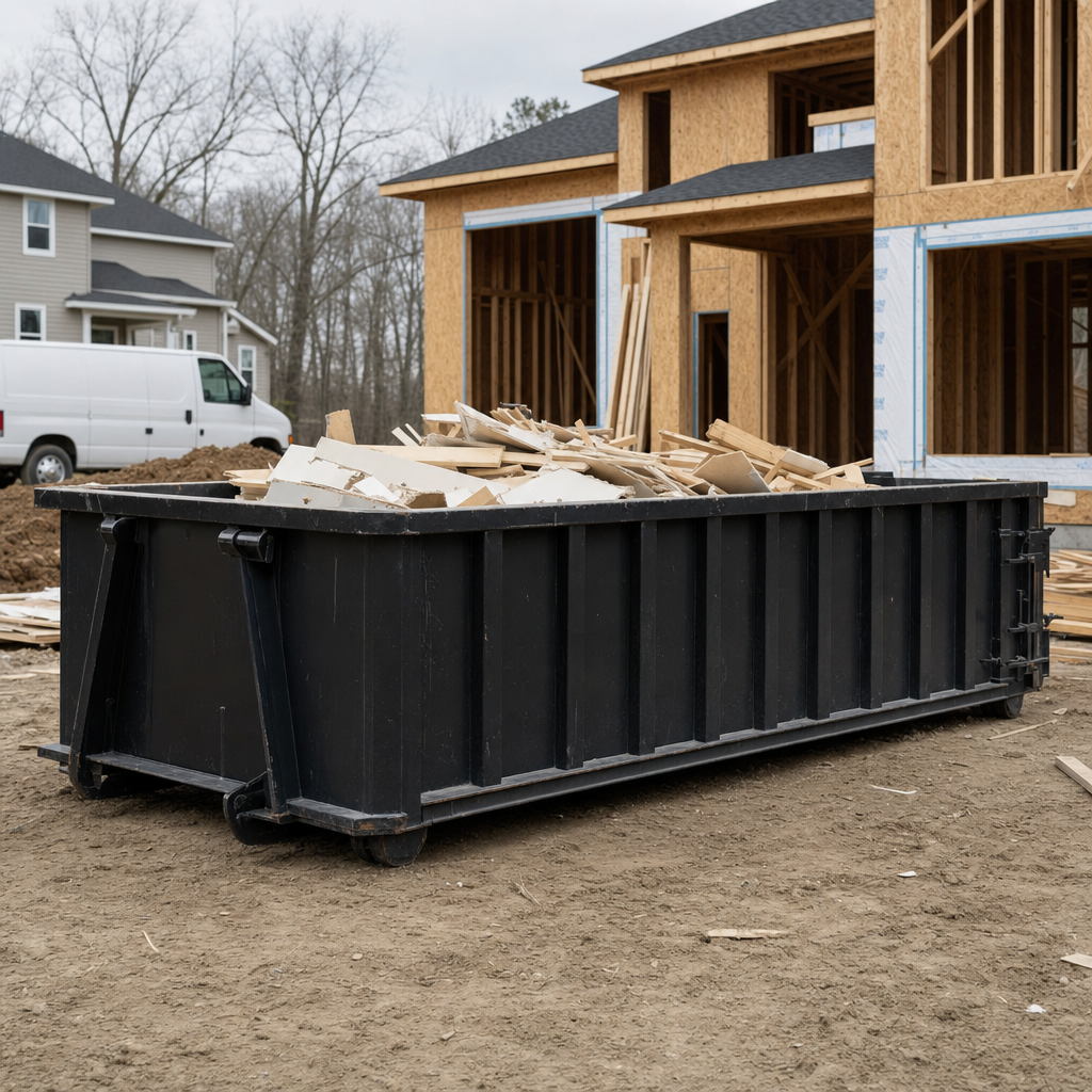 Worker in a yellow high-visibility vest tossing framing lumber and broken drywall into a matte-black 30-yard construction roll-off dumpster on an active build site in Bellflower, bright daylight