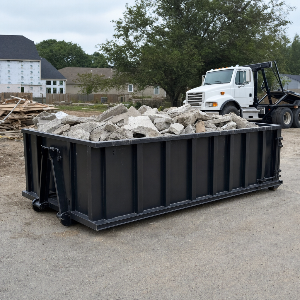 Low-profile matte-black lowboy roll-off dumpster loaded with broken concrete slab and rebar at a foundation tear-out in Bellflower, skid steer parked beside it, sunny Colorado morning