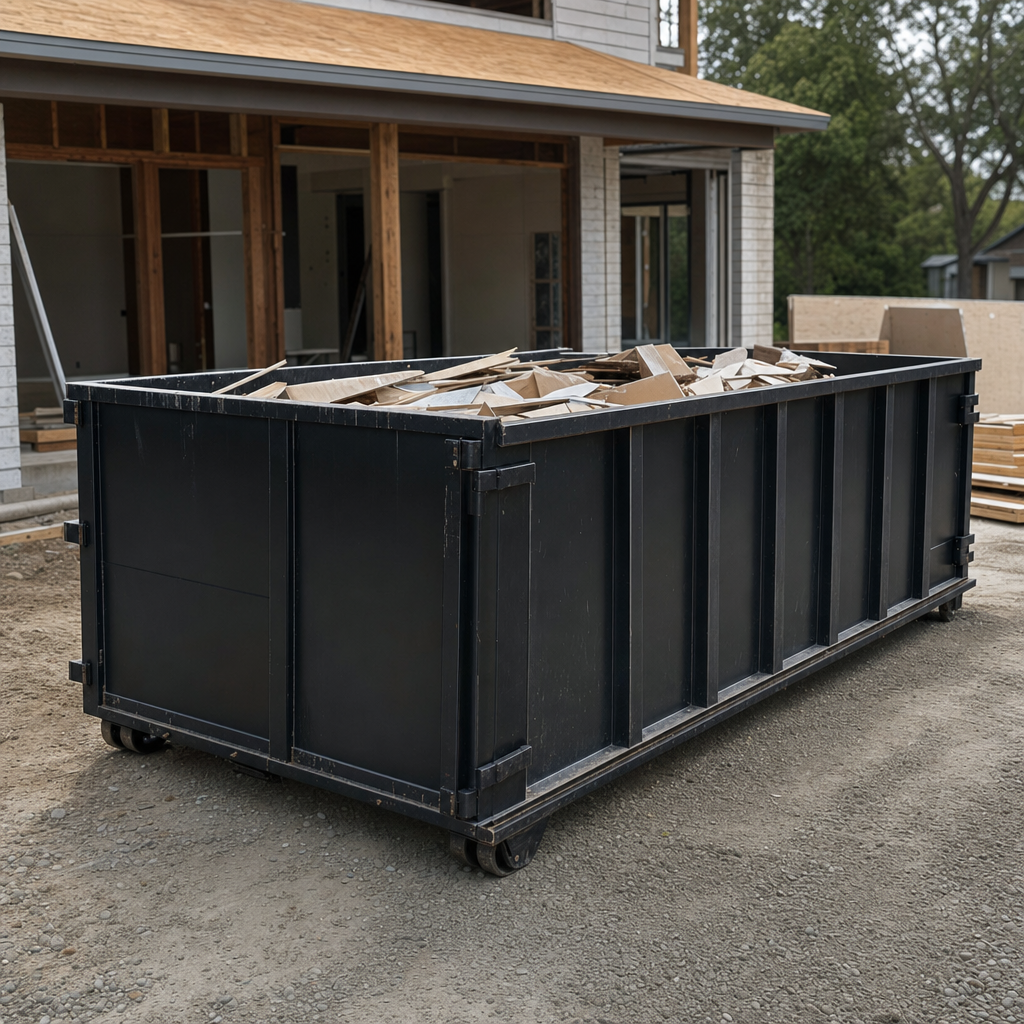 Large matte-black 30-yard construction roll-off dumpster at an active Bellflower jobsite, steel-gray top rails and bottom rollers visible, loaded with construction debris.