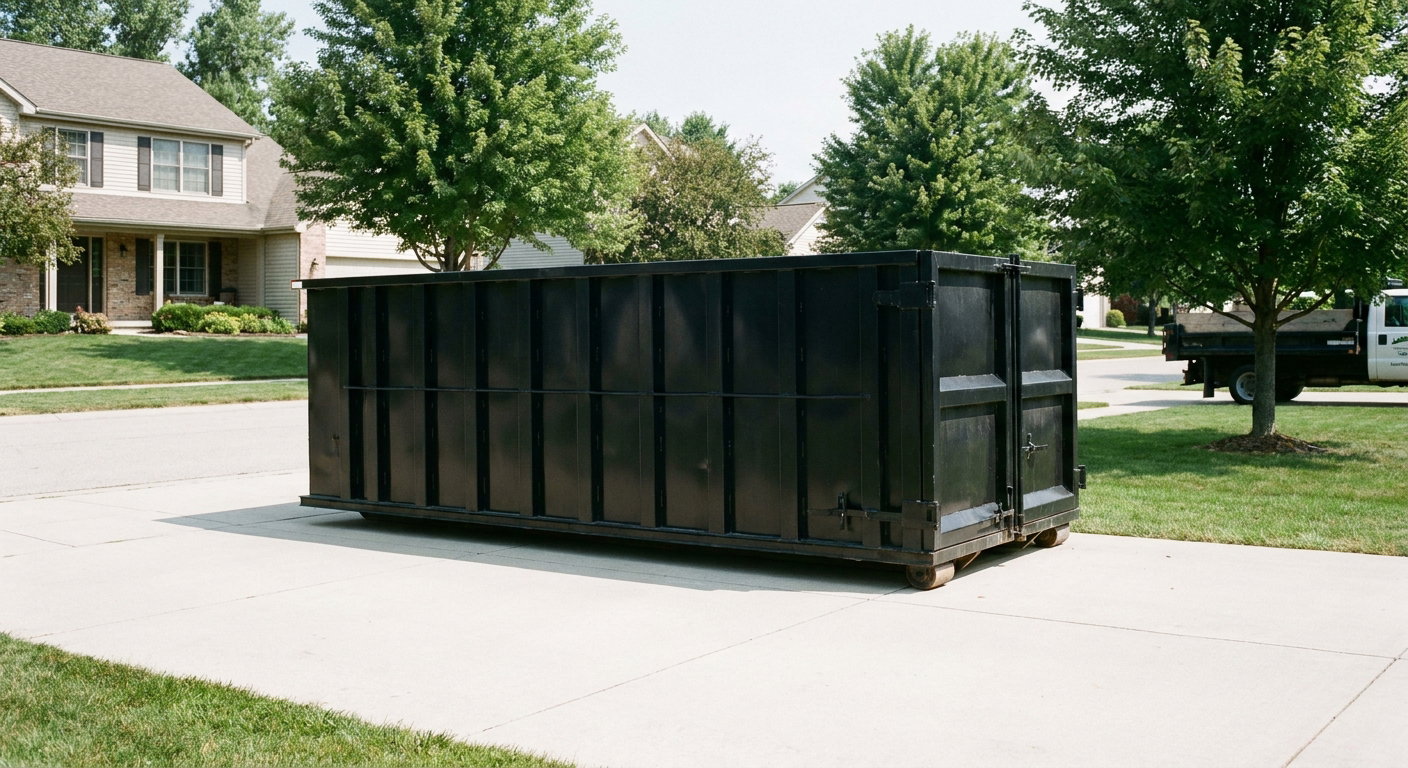 Matte-black 20-yard roll-off dumpster sitting level on a clean Bellflower residential concrete driveway under bright daylight, demonstrating clean placement directly on the concrete.