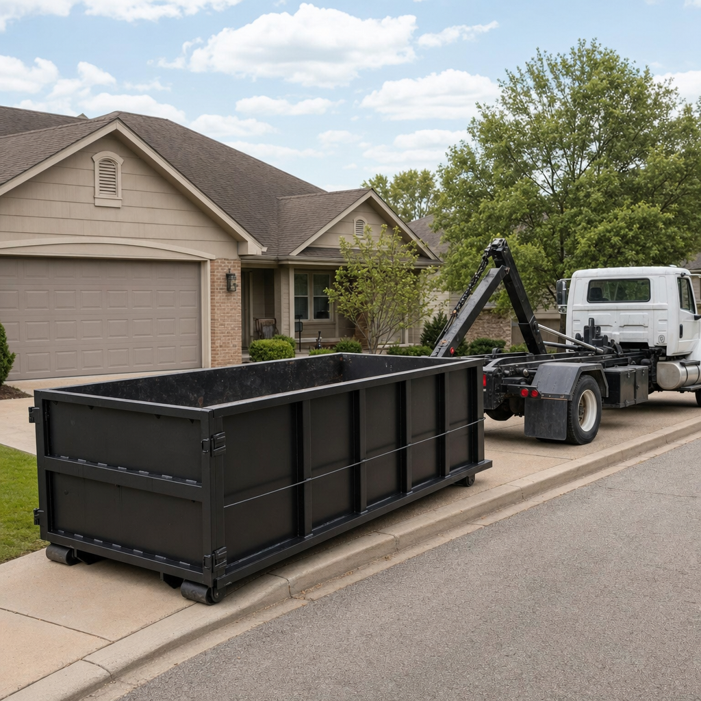 Wide documentary shot of a matte-black roll-off dumpster on a Bellflower residential driveway in the foreground and a contractor jobsite container in the soft-focus background, bright daylight, calm and orderly composition.