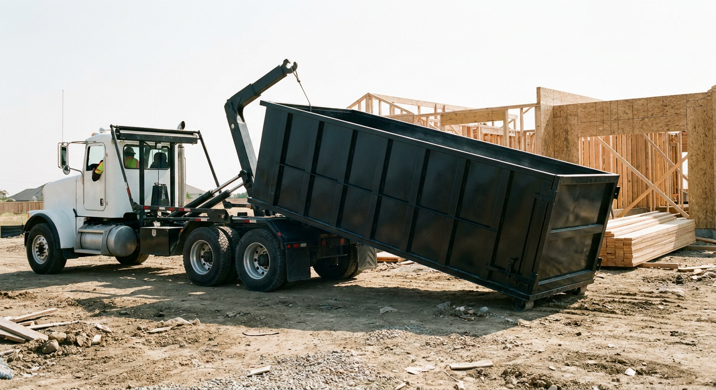 Matte-black roll-off dumpster being delivered onto a clean residential concrete driveway in Bellflower by an unmarked white hooklift hauler truck, bright morning daylight, documentary 35mm perspective.