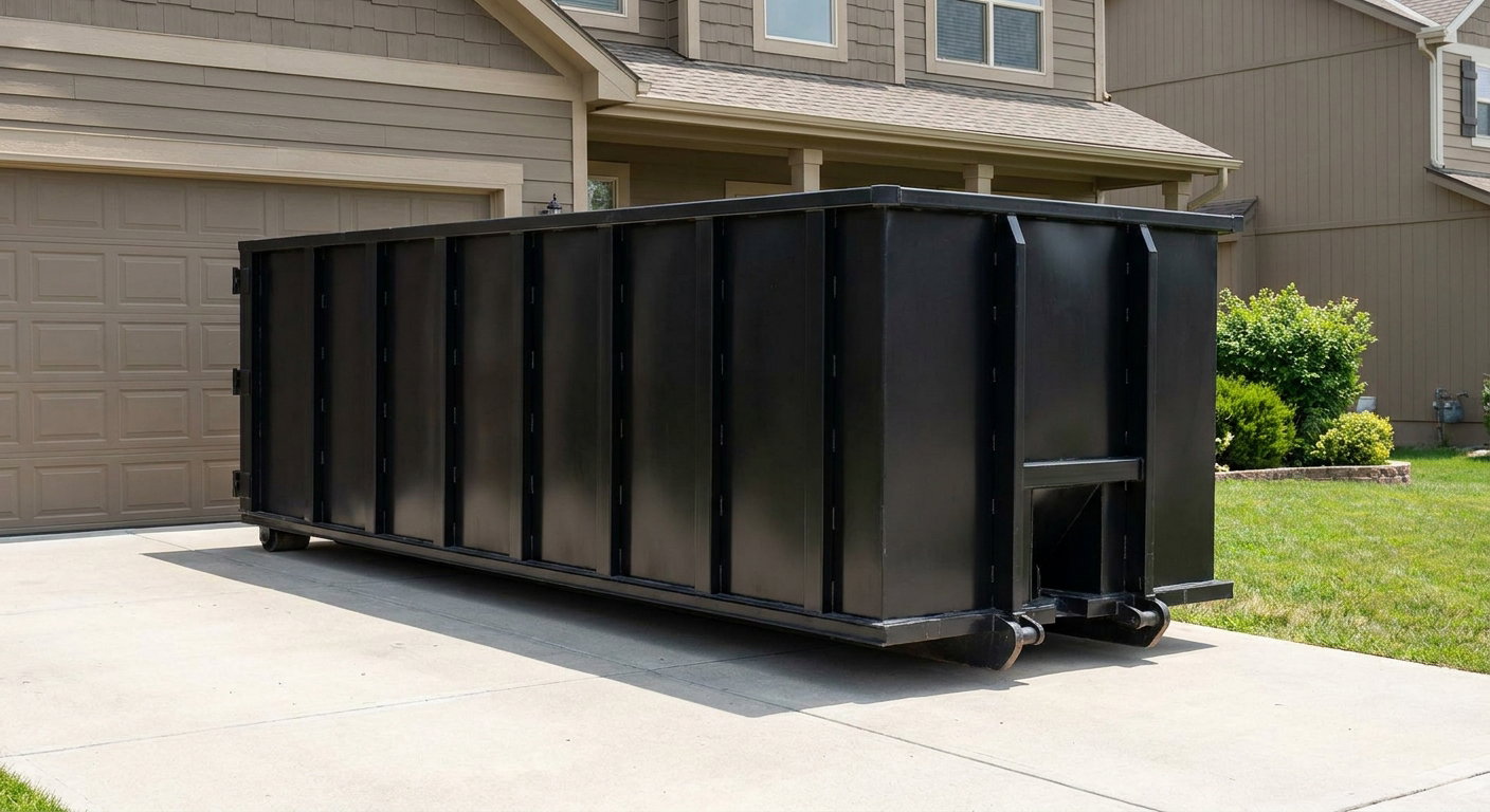 Matte-black residential roll-off dumpster sitting directly on a suburban Bellflower concrete driveway, garage door closed, single-family home in background, bright morning daylight.