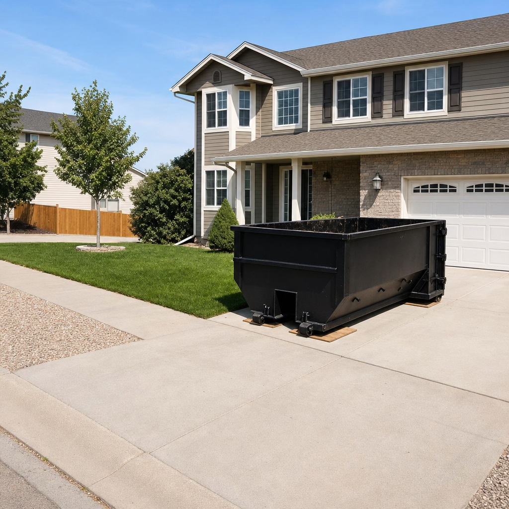10-yard matte-black residential dumpster placed directly on a narrow Bellflower concrete driveway, room remains for a parked sedan beside it, mid-morning natural light