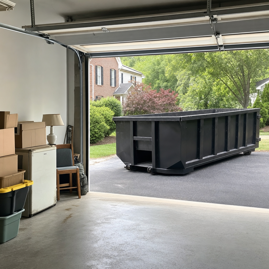 Open garage interior in a Bellflower home mid-cleanout — boxed items, an old appliance, and stacked yard tools queued near the driveway for a matte-black roll-off dumpster, organized and calm