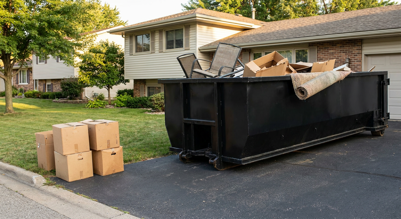 Front-yard view of a Bellflower split-level home with a 20-yard matte-black roll-off dumpster sitting directly on the asphalt driveway, a few clearly labeled donation boxes staged at the curb, calm sunny afternoon.