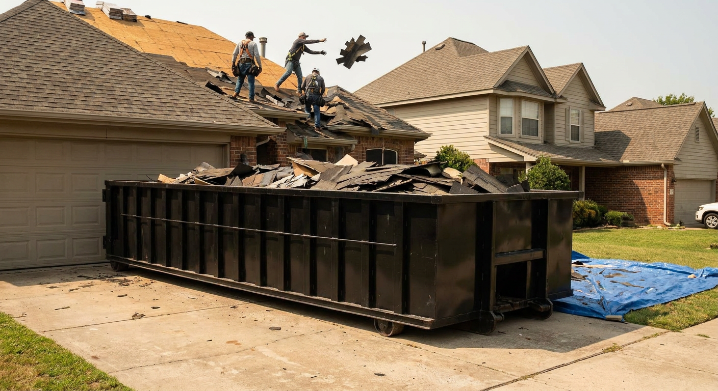 Matte-black roofing roll-off dumpster placed directly on a Bellflower residential concrete driveway, a tear-off crew on a two-story asphalt-shingle roof tossing shingle bundles into the low-walled container, bright daylight, documentary 35mm perspective.