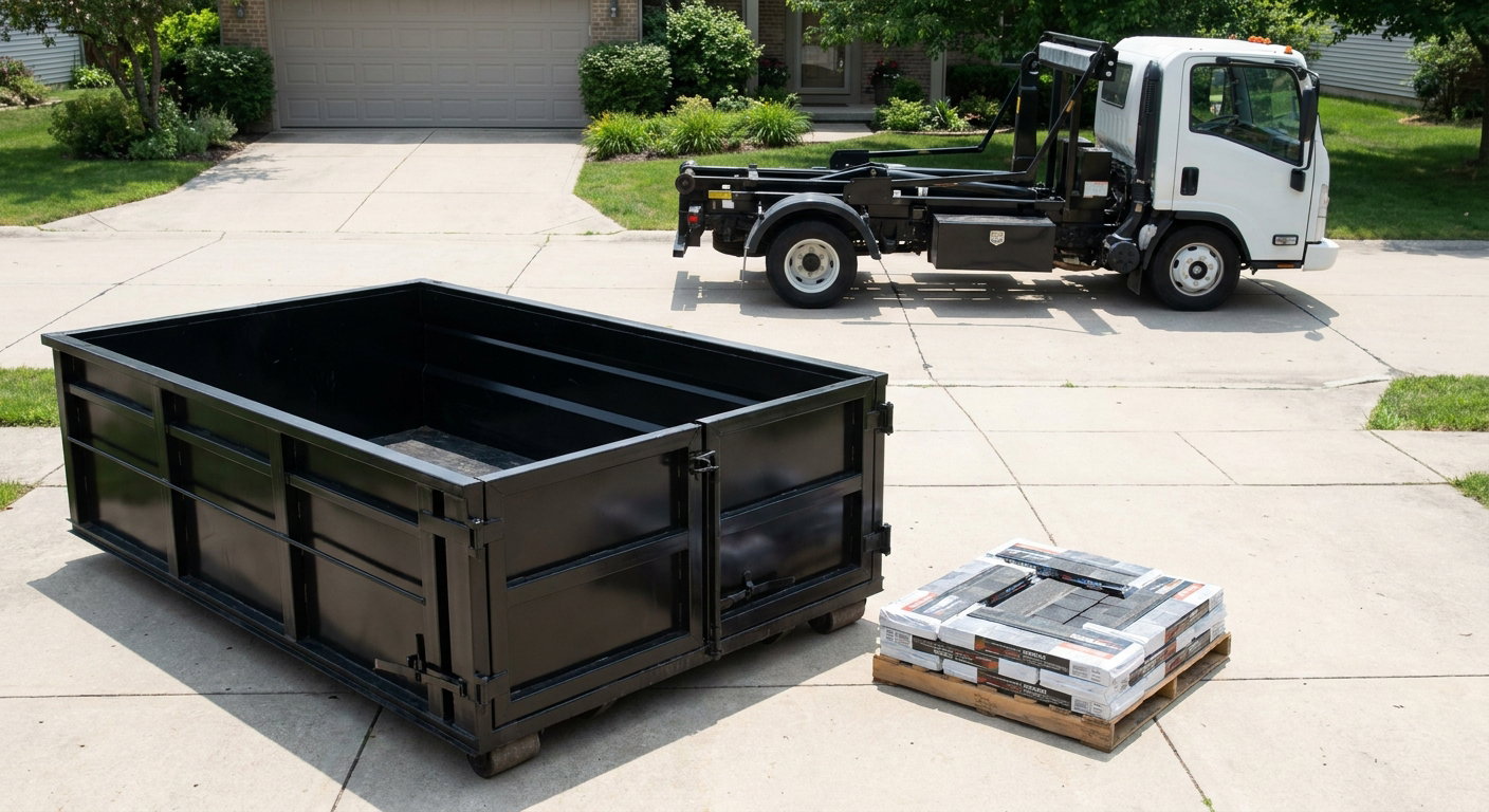 Matte-black 15-yard roofing roll-off dumpster with reinforced low side walls sitting directly on a Bellflower residential concrete driveway, three-tab asphalt shingle bundles stacked nearby, an unmarked white hauler truck partially visible at the edge of the frame.