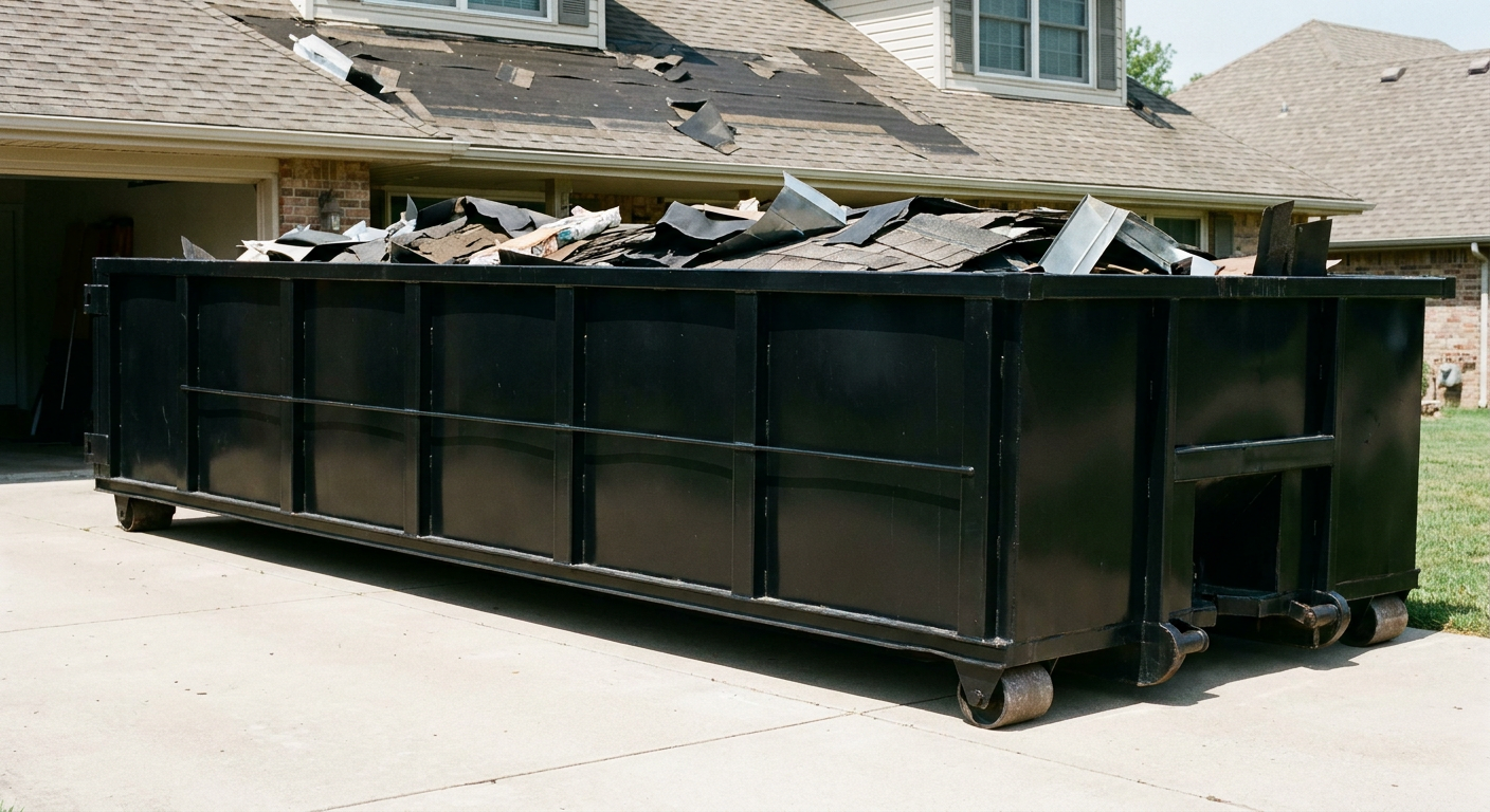 Matte-black 20-yard roofing roll-off dumpster with steel ribbed sides and swinging rear door, sitting directly on the concrete driveway of a two-story Bellflower home, asphalt shingle debris being loaded over the low wall, clean documentary lighting.