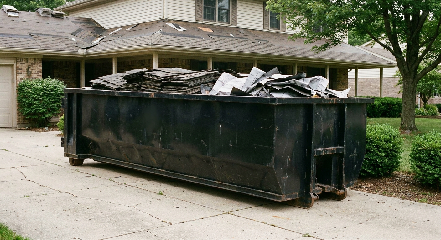 Matte-black 30-yard roofing roll-off dumpster sitting directly on a Bellflower concrete driveway, taller ribbed steel side panels, mixed tear-off debris of asphalt shingles and underlayment inside, professional documentary daylight.