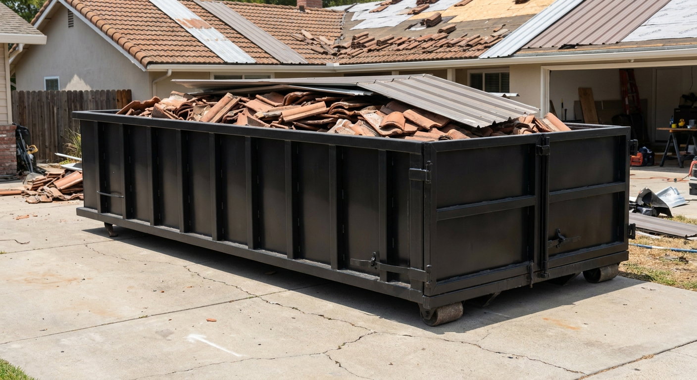 Matte-black low-wall heavy-debris roofing roll-off dumpster sitting directly on a Bellflower concrete driveway, broken concrete clay roof tiles and metal panel sections loaded inside, reinforced ribbed steel side walls visible, bright outdoor daylight.