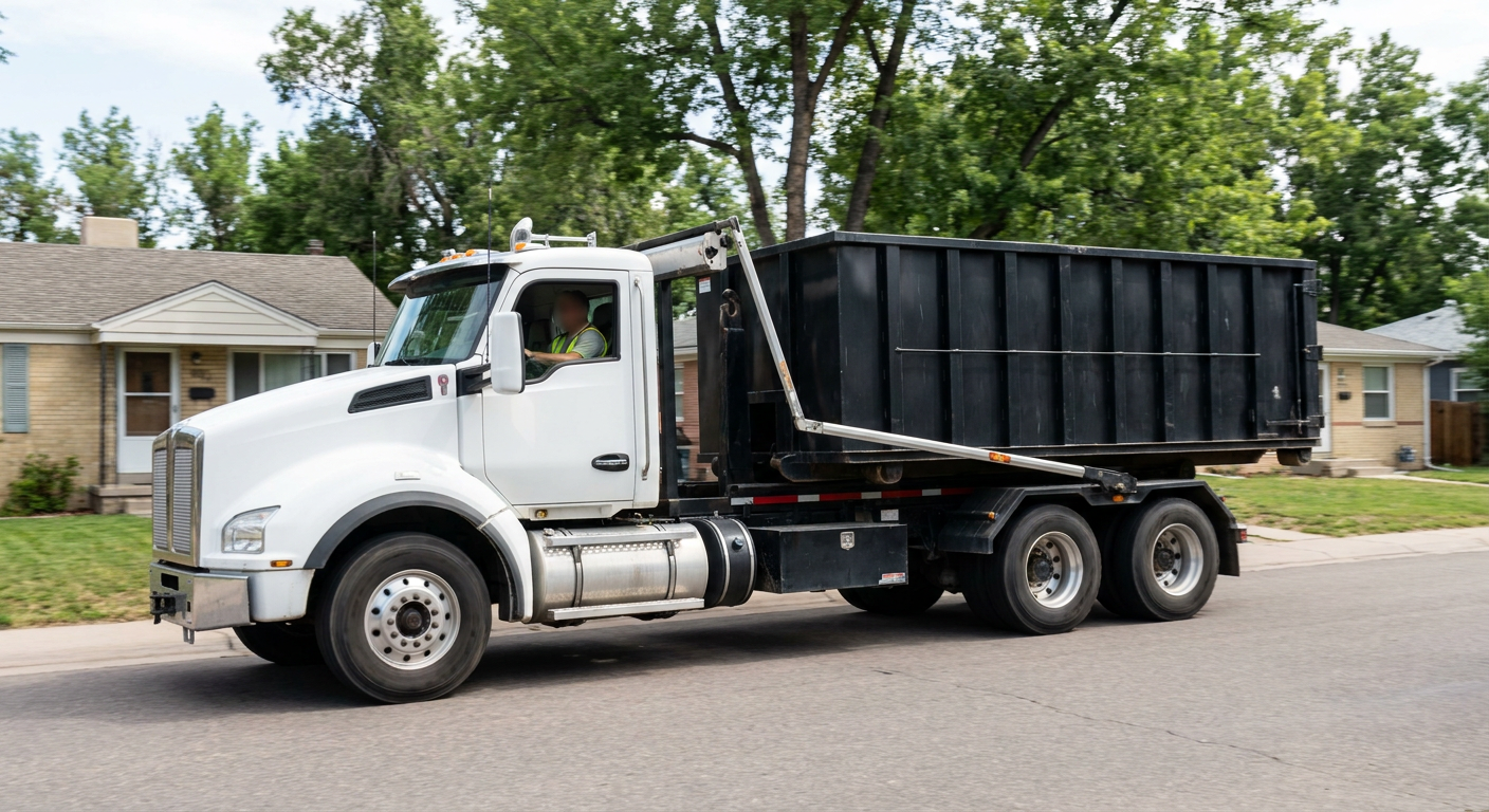 A wide documentary shot of a matte-black roll-off delivery truck pulling onto a quiet Bellflower residential street at mid-morning, with neighborhood rooftops and tree-lined blocks visible behind, showing the metro coverage footprint.