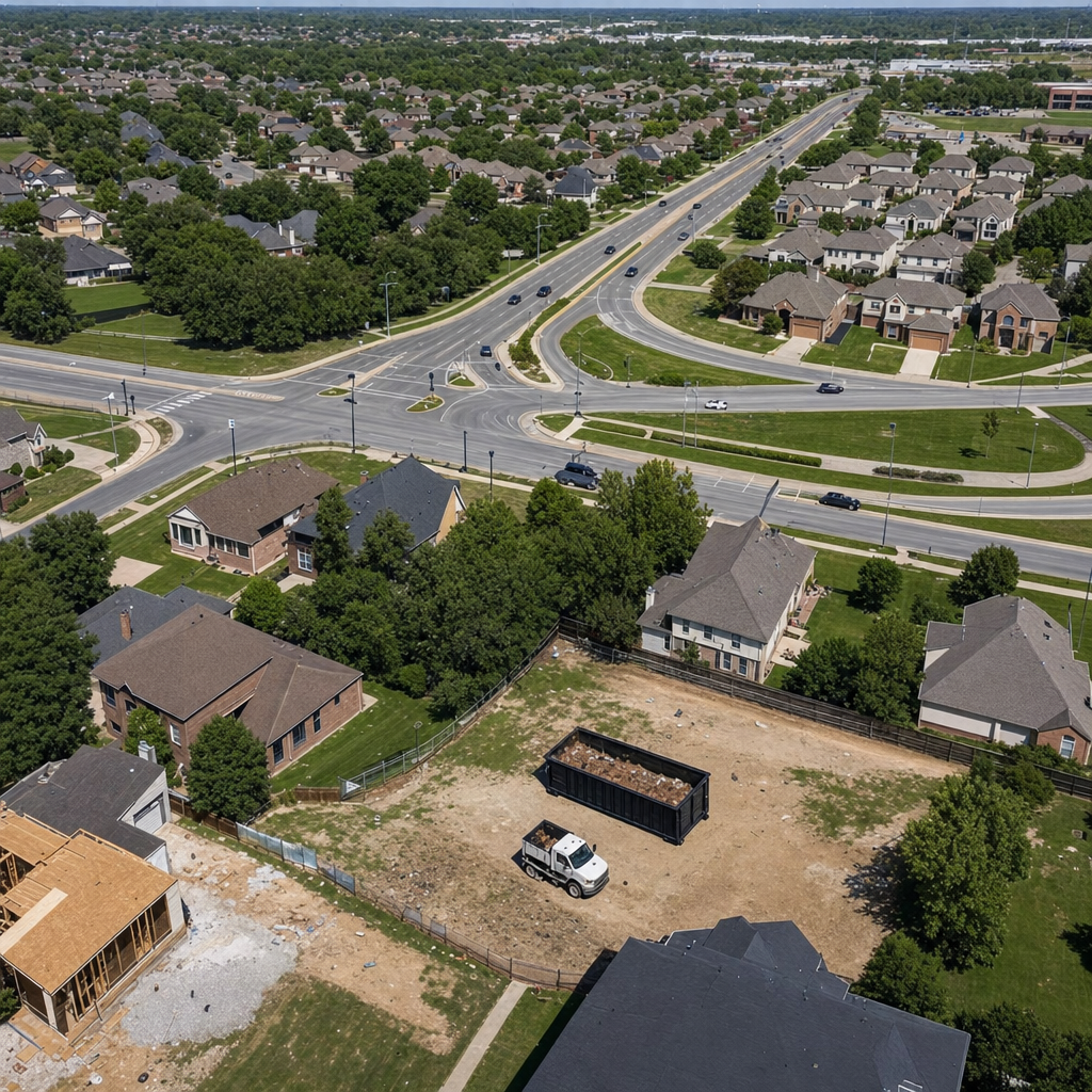 An overhead documentary view of the Bellflower metro area at midday, showing the spread of neighborhoods, arterial roads, and the dispatch radius from a central yard — clean daylight, organized geographic layout.