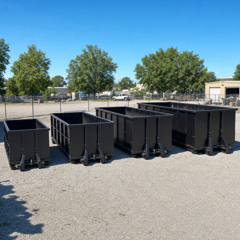 A clean lineup of matte-black roll-off dumpsters in 10, 20, 30, and 40-yard sizes staged on a sunlit gravel yard in Bellflower, showing the size progression from compact to commercial-scale containers.