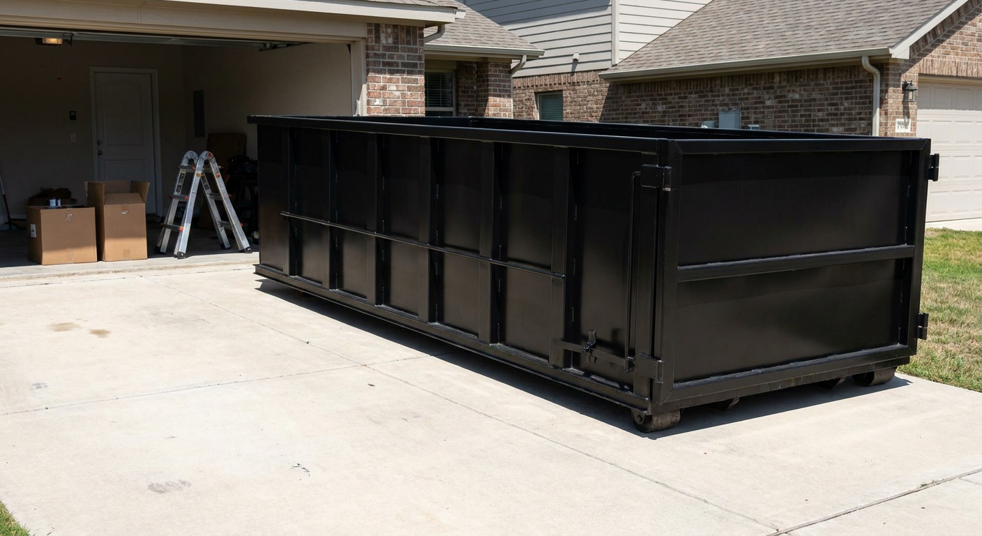 A matte-black 10-yard roll-off dumpster sitting directly on a residential Bellflower concrete driveway, mid-day sunlight, clean and ready for a garage cleanout.