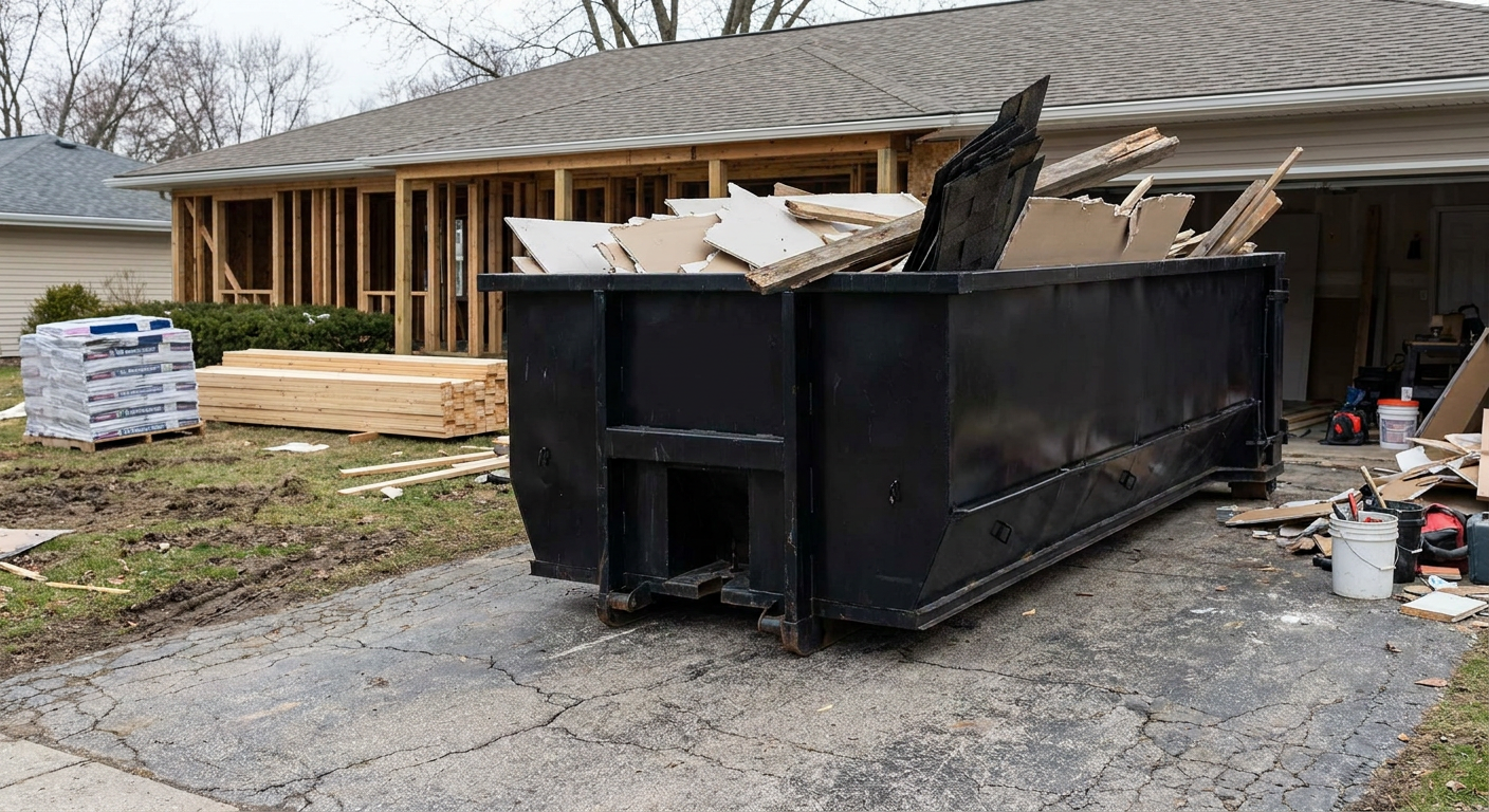 A matte-black 20-yard roll-off dumpster placed alongside a mid-renovation Bellflower home directly on the asphalt driveway, with framing materials and torn-off shingles staged neatly nearby.
