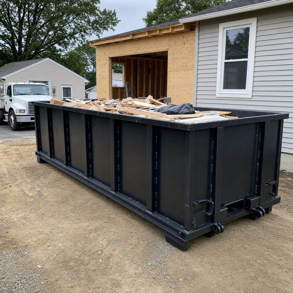 A matte-black 30-yard roll-off dumpster positioned at a Bellflower residential addition jobsite, with framing lumber and drywall scraps loaded through the open swinging rear doors.
