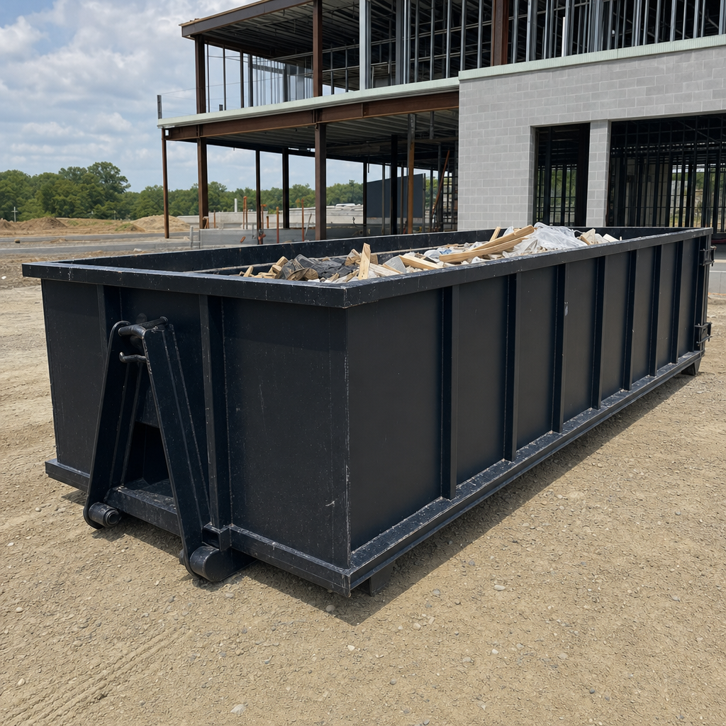 A matte-black 40-yard roll-off dumpster staged on a large Bellflower commercial construction lot, with a hooklift delivery truck parked alongside under bright midday sky.