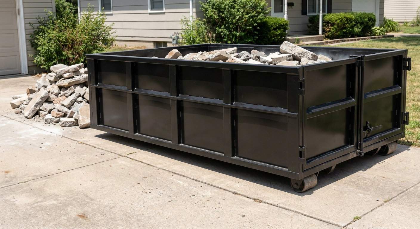 A matte-black low-side heavy-debris roll-off dumpster placed directly on a Bellflower concrete driveway, with broken concrete chunks neatly stacked beside it under clean daylight.